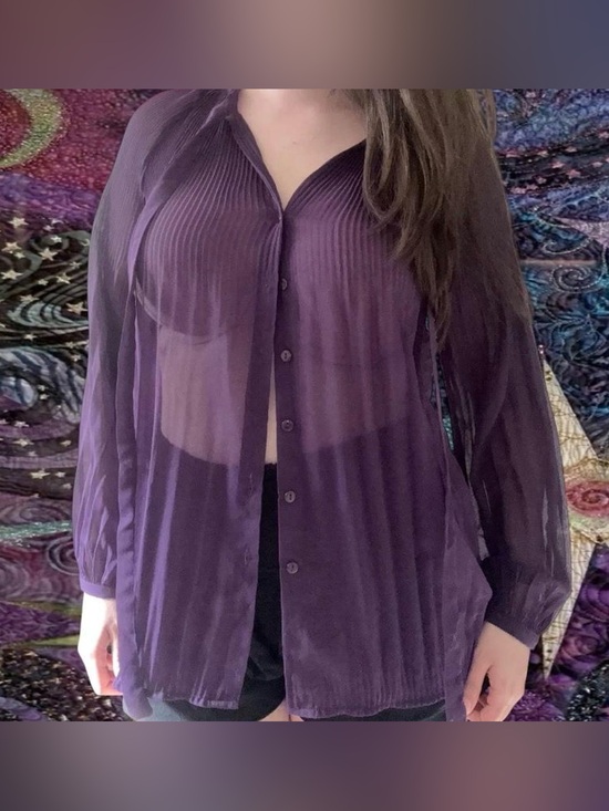 Romeo & Juliet Couture Tops - Romeo + Juliet Couture Plum Purple Pleated Sheer Button-Front Blouse
 Size: L
